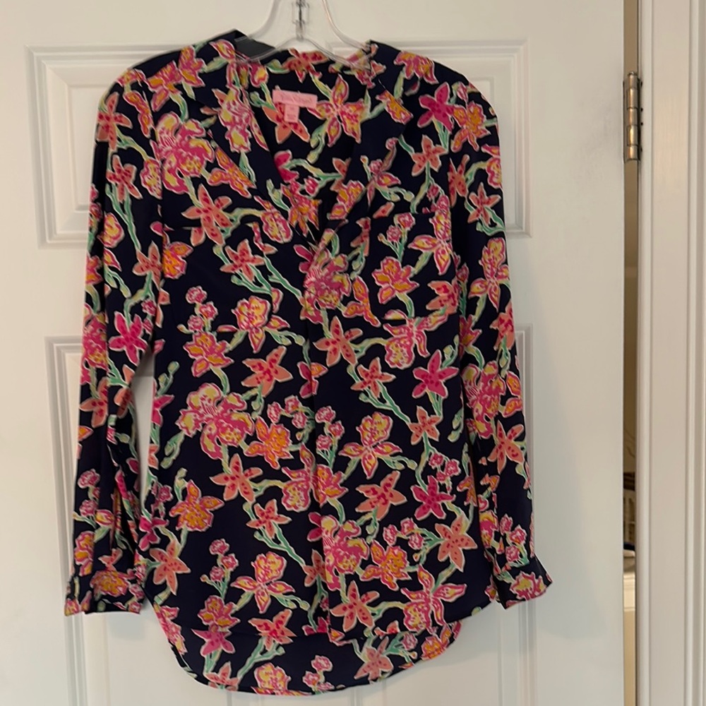Lilly Pulitzer Black and Pink Blouse with Mandarin Collar